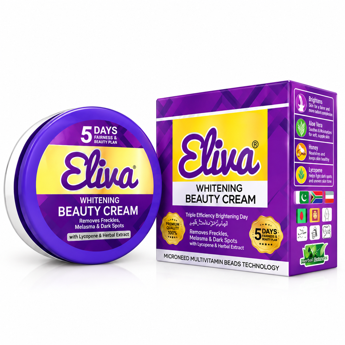 Eliva Whitening Beauty Cream shown as a round purple jar next to its matching purple and yellow retail box on a clean white background.