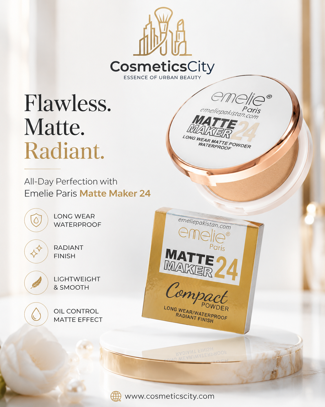 Emelie Paris Matte Maker 24 Compact Powder – Long Wear Waterproof Radiant Finish Face Powder