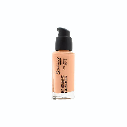 A bottle of Camilla's HD Cinema & TV Foundation in a warm peach-beige shade, featuring a black pump dispenser and clear glass bottle, set against a plain white background.