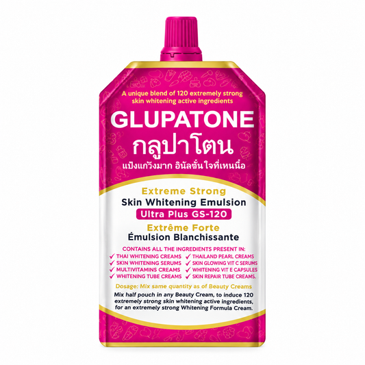 A squeeze bottle of Glupatone Extreme Strong Skin Whitening Emulsion, featuring a vibrant pink and gold design with white text, set against a plain white background.