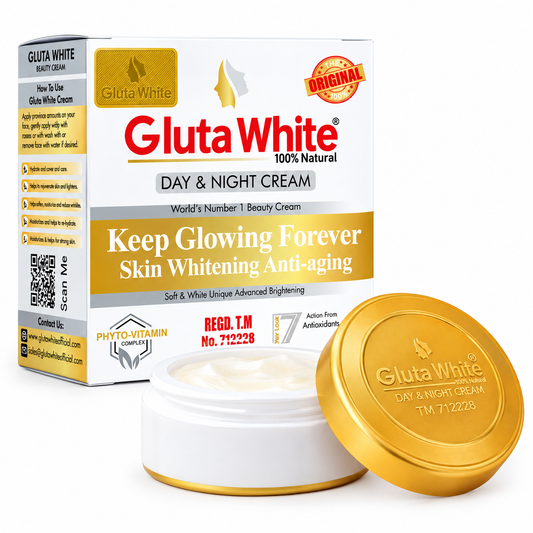 Gluta White Day & Night Cream packaging shown with an open white jar containing white cream and a gold lid on a clean white background.