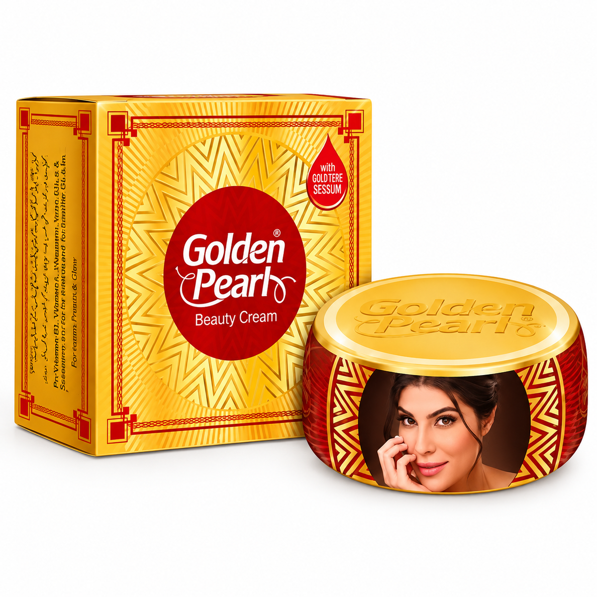Golden Pearls Beauty Cream shown with its gold-patterned outer box and the round cream jar in front. The jar lid is gold with the brand name embossed, and the front of the jar features a printed portrait of a woman.