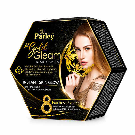 Parley 24K Gold Glam Beauty Cream instant skin glow product box, featuring a black and gold design with an illustration of a woman and a gold crescent moon mask on a white background.
