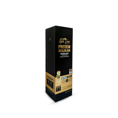 Black and gold protein product packaging on a white background