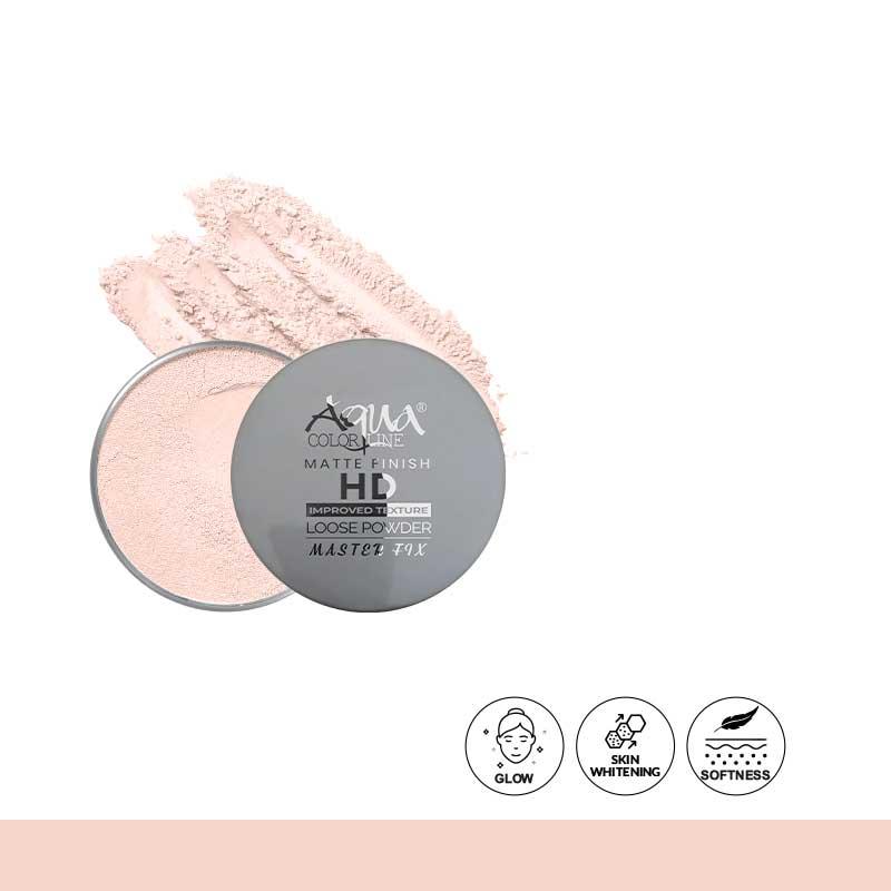 Matte finish HD loose powder container with powder swatch, glow and softness icons