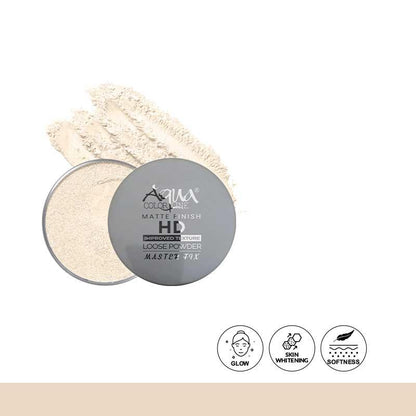 Aqua Color Line HD matte finish loose powder with product swatch and icons for glow, skin tone, and softness.