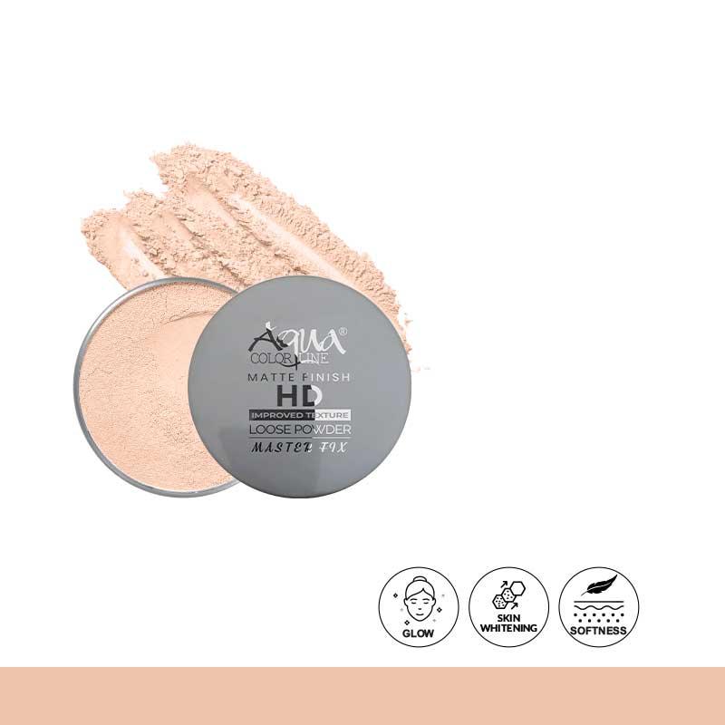 Matte finish HD loose powder in open container with light beige texture, product benefits icons below.