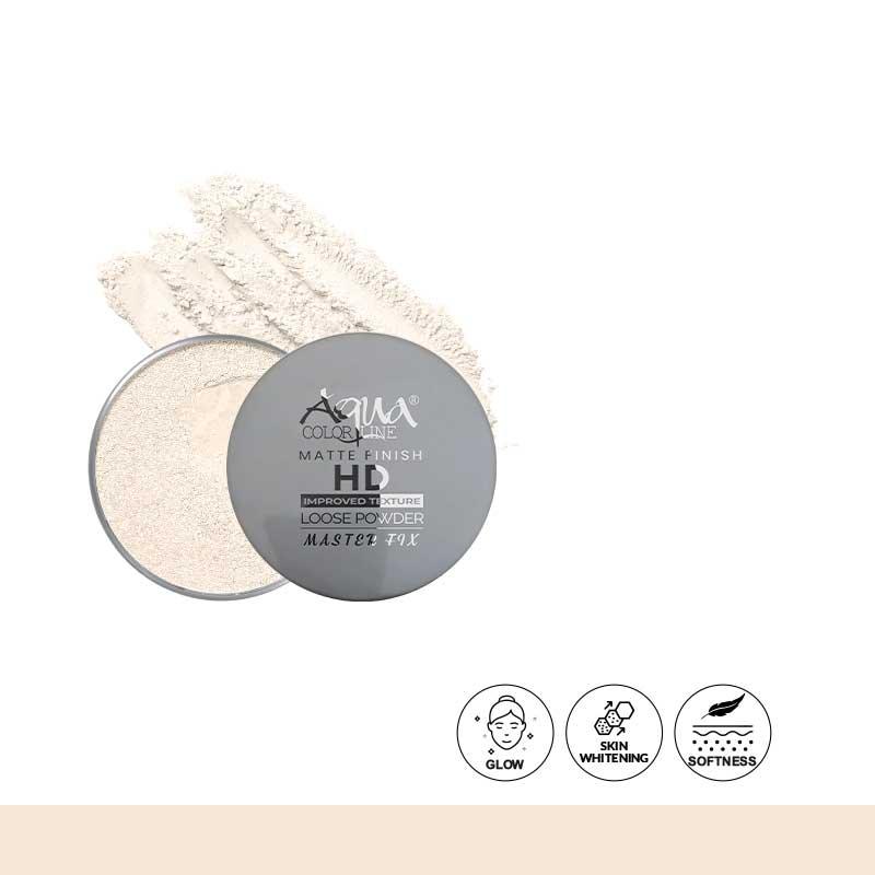 HD matte finish loose powder with open lid and powder texture, promotes glow and softness