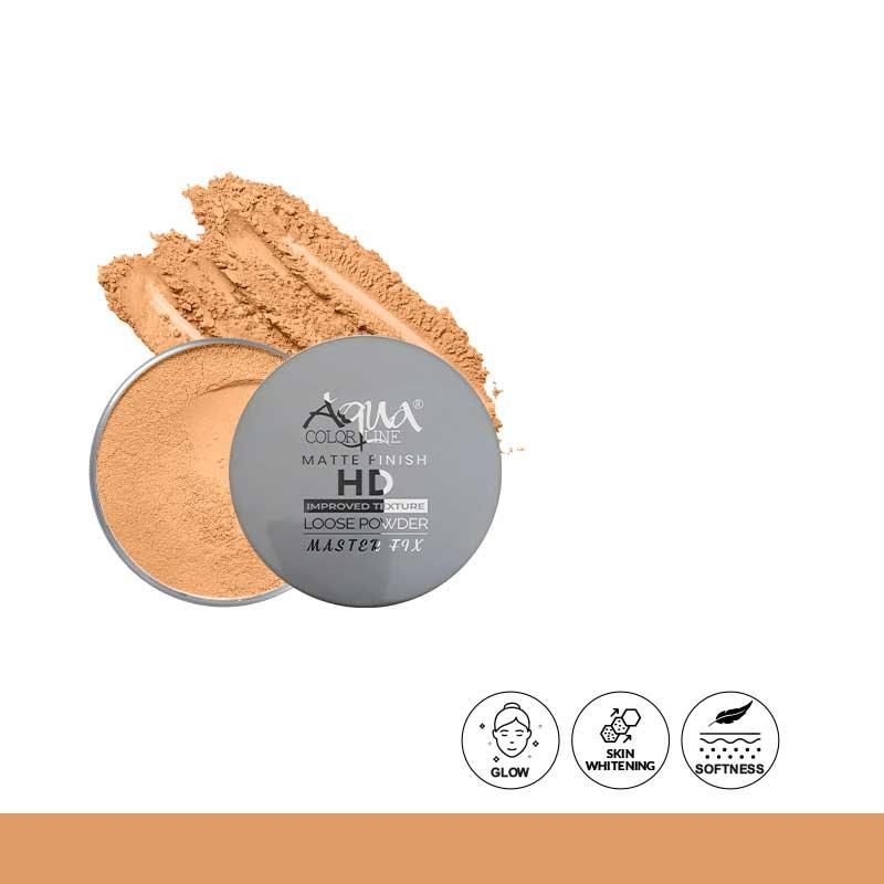 AQUA Colorline HD matte finish loose powder in open container with powder swatch, beauty icons below.