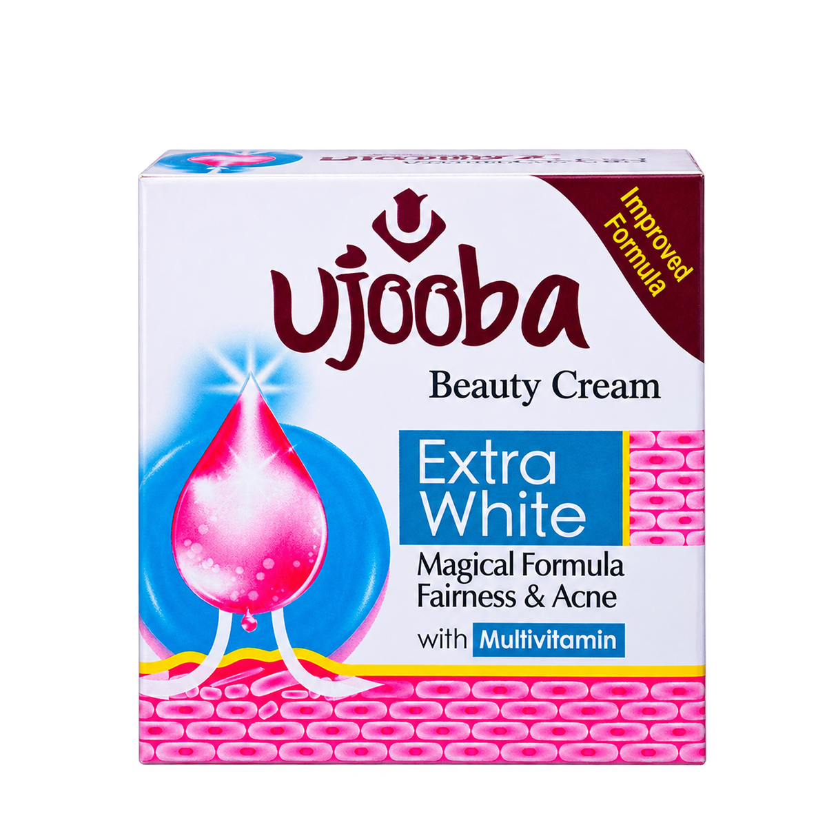 A box of Ujooba Beauty Cream Extra White, featuring a white background with pink and blue graphics, a pink teardrop illustration, and a dark red Ujooba logo.