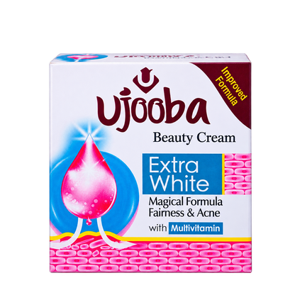 A box of Ujooba Beauty Cream Extra White, featuring a white background with pink and blue graphics, a pink teardrop illustration, and a dark red Ujooba logo.