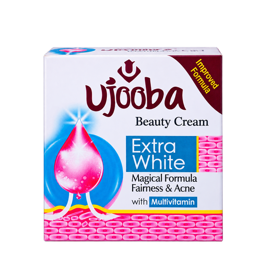 A box of Ujooba Beauty Cream Extra White, featuring a white background with pink and blue graphics, a pink teardrop illustration, and a dark red Ujooba logo.